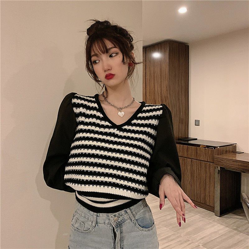 Áo Dệt Kim Tay Phồng Cổ Chữ V Thời Trang Hàn Quốc Thiết Kế Mới 2022
