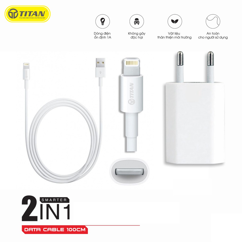 Bộ Sạc Iphone Zin Titan, Combo sạc iphone với dây sạc chân Lightning và củ sạc nhanh, Sạc an toàn cho ip 6 đến IP 12 Pro