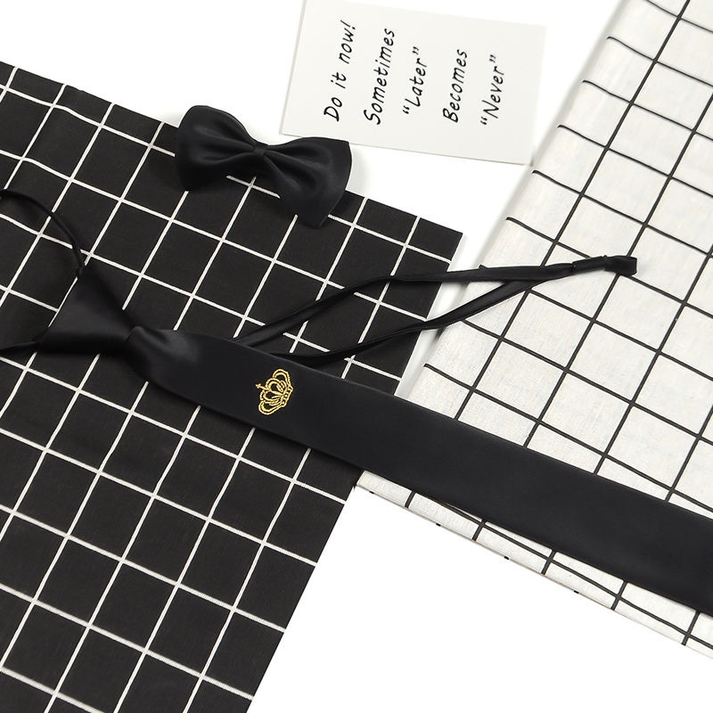 Cà Vạt Thêu Hình Vương Miện Nhỏ Màu Đen Phong Cách Hàn Quốc Cho Nam Nữ