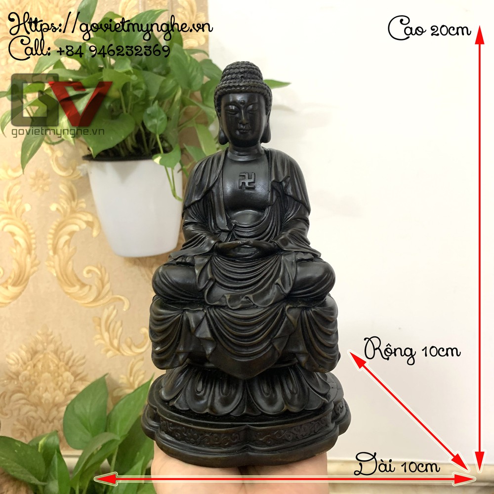 Tượng Đức Phật A Di Đà ngồi tọa thiền trên đài sen nguyên khối - Cao 20cm - Màu Nâu Đen