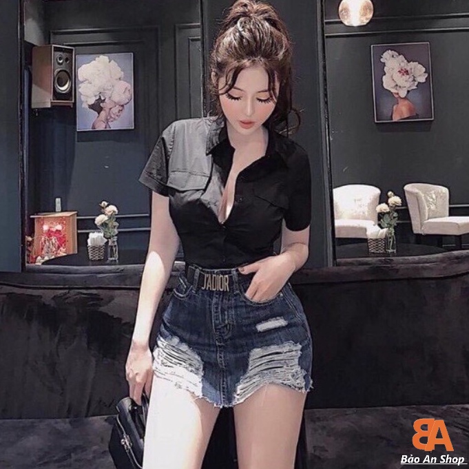 Áo sơ mi nữ chất Kate trơn phối túi Free Size dưới 48kg