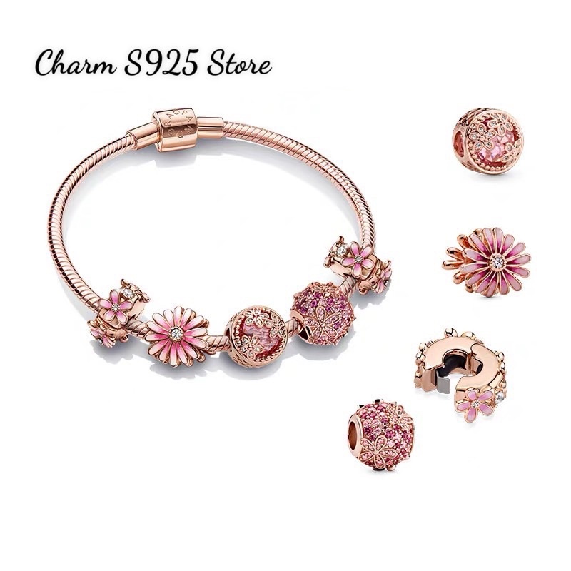 combo bộ vòng tay mềm Ale mix 5 hạt charm pan hoa cúc màu hồng bạc s925 cao cấp