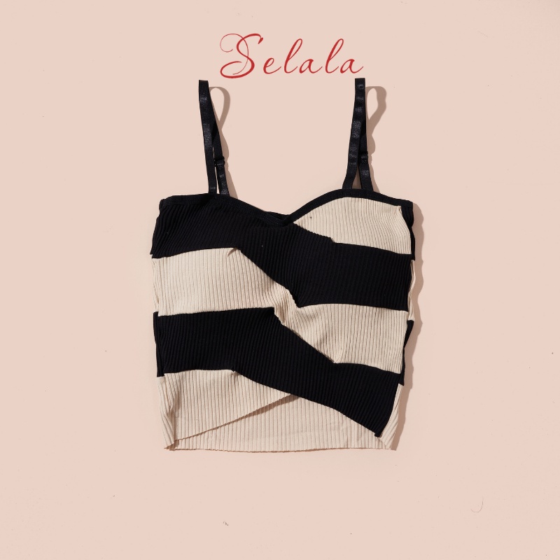 Áo 2 Dây Selala Gân Tăm Phối Sọc Ngang Dáng Ôm Có Sẵn Đếm 2D20