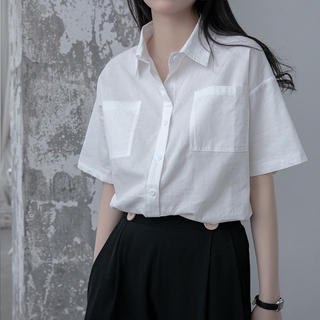 ✌Bộ Đồ Kiểu Dáng Thời Trang ✌Áo Sơ Mi Cotton Lanh Trắng Tay Ngắn Dáng Rộng Thời Trang Mùa Hè Hàn Quốc 2021 Cho Nữ