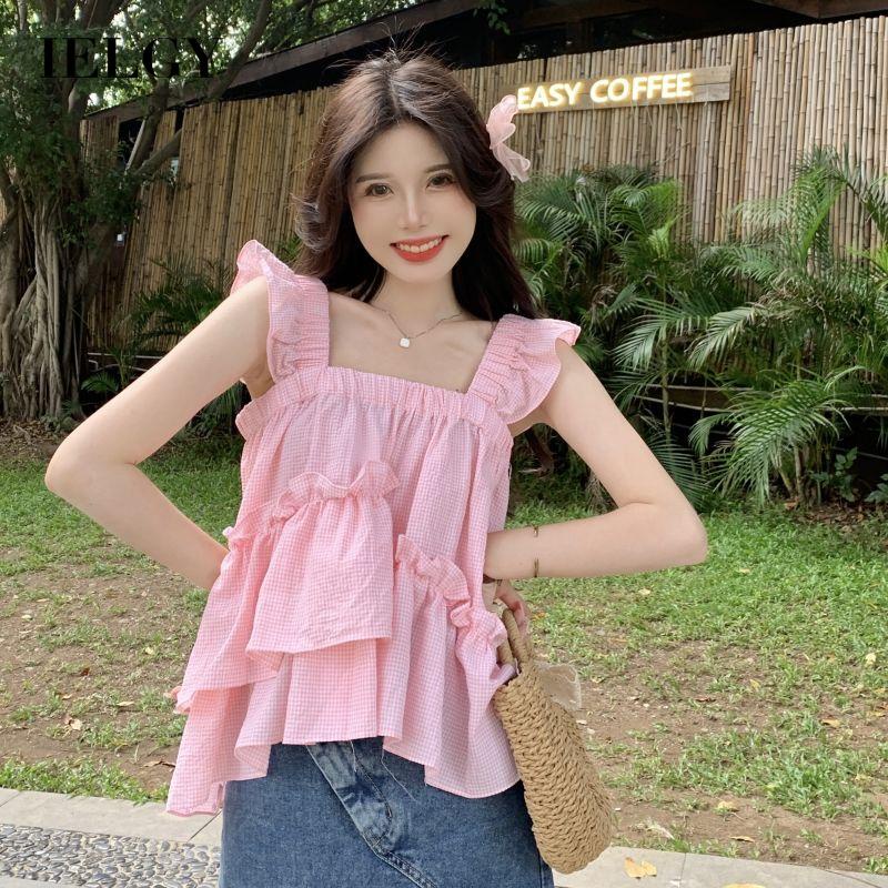 Áo hai dây IELGY dáng rộng màu hồng phong cách Hàn Quốc dễ thương cho nữ