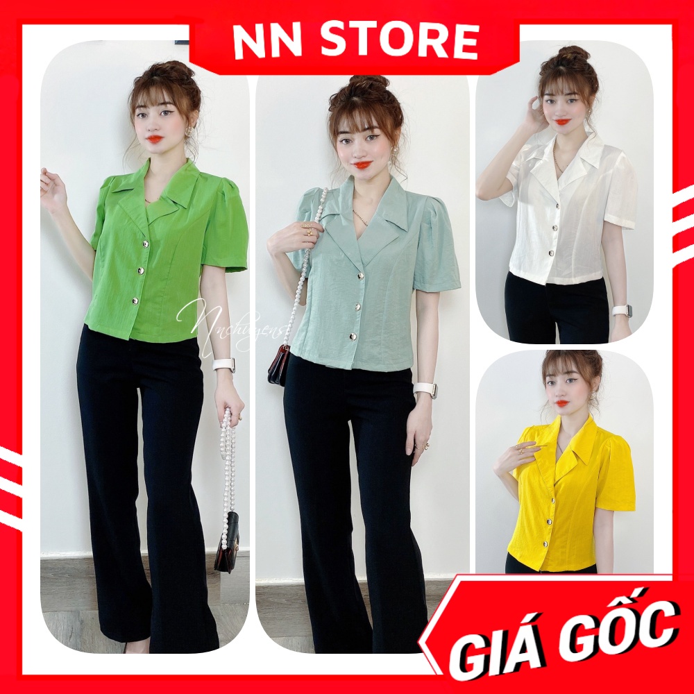 Áo kiểu công sở nữ cổ vest phối nút phom ngắn dễ thương chất vải mềm mịn Áo kiểu dễ thương MT1986