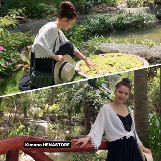 Áo Kimono Viền Ren Trắng-Đen