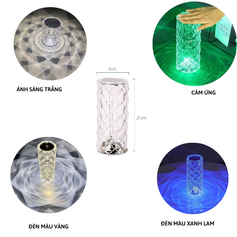 Đèn ngủ cảm ứng giả pha lê chiếu hình hoa hồng để bàn 16 màu cảm biến lãng mạn MIIBOOSHI D5.036