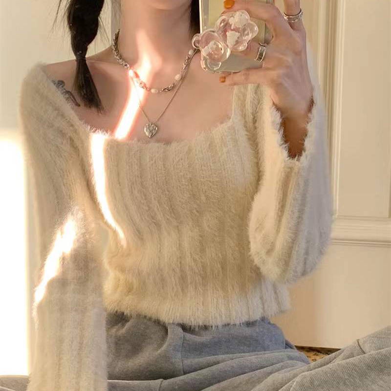 Áo Sweater Dệt Kim Lông Chồn Dáng Ngắn Phong Cách Thời Trang Xuân Thu Mới