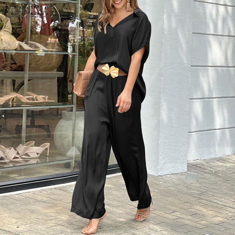 Set trang phục 2 mảnh Zanzea gồm áo tay ngắn kèm quần dài lưng thun thời trang năng động cho nữ