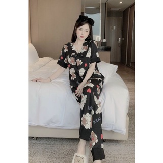 BỘ PIJAMA LỤA MANGO CỔ NHỌN PHỐI BÈO FREESIZE DƯỚI 60KG