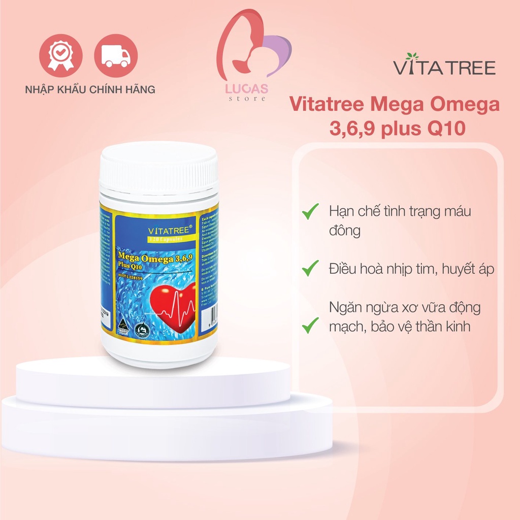 Vitatree Mega Omega 3,6,9 PLUS Q10 - Hỗ Trợ Tim Mạch Giảm Oxy Hóa 120 Viên - TP039