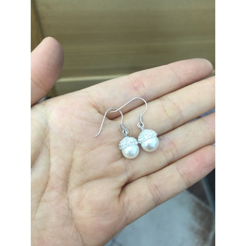 Khuyên tai móc thả đá hạt thóc quả cầu trắng nhân tạo bạc chuẩn NGỌC MẬU