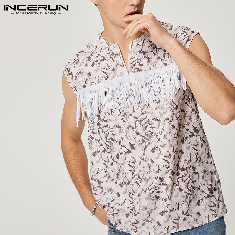 INCERUN Áo Ba Lỗ Khóa Kéo In Hoa Phối Tua Rua Phong Cách Vintage Cho Nam