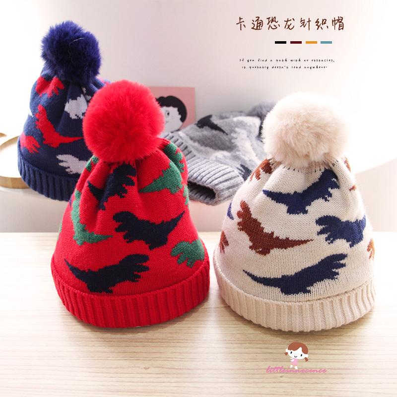 Xzq7- Mũ Len Beanie Dệt Kim Họa Tiết Khủng Long Hoạt Hình Màu Đỏ / Xanh Navy / Xám / Be Unisex Mùa Thu Đông Cho Trẻ Em