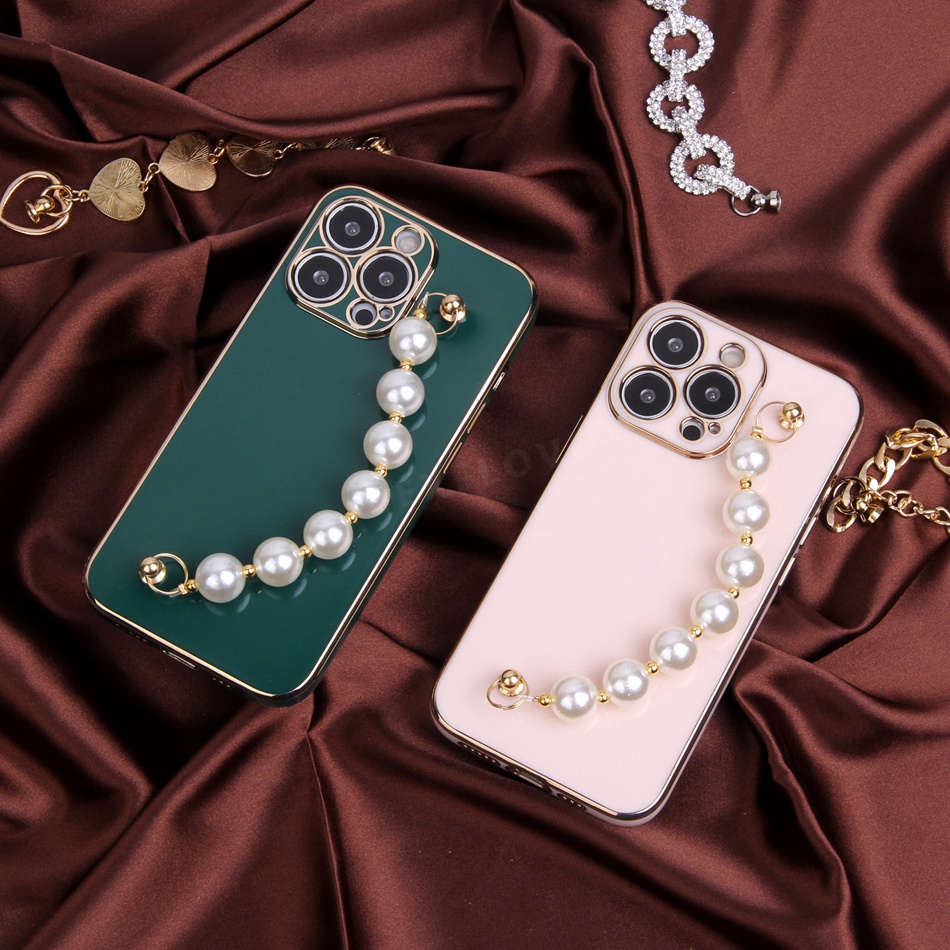 Ốp Điện Thoại Dẻo Mạ Màu Ngọc Trai 3D Sang Trọng Kèm Dây Đeo Cho iPhone 7 8 Plus 11 12 13 Pro MAX X XR XS MAX SE 2020 2022