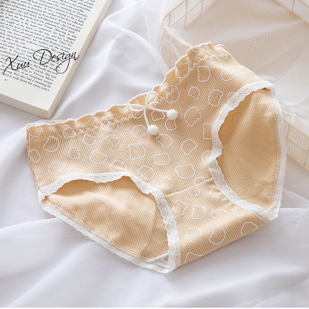 Quần lót nữ cotton họa tiết gấu vàng XUU, thiết kế phối ren nơ QC91
