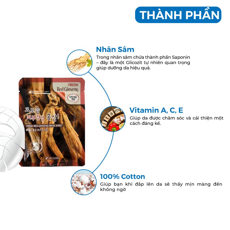 Combo 10 Túi Mặt nạ giấy nhâm sâm dưỡng trắng da dưỡng ẩm chiết xuất từ nhân sâm 3W Clinic Hàn Quốc 23mlx10