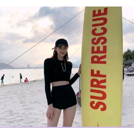 Đồ bơi nữ bikini đi biển nữ 2 mảnh lưng cao áo tay dài màu đen cá tính VATIXA BKN117