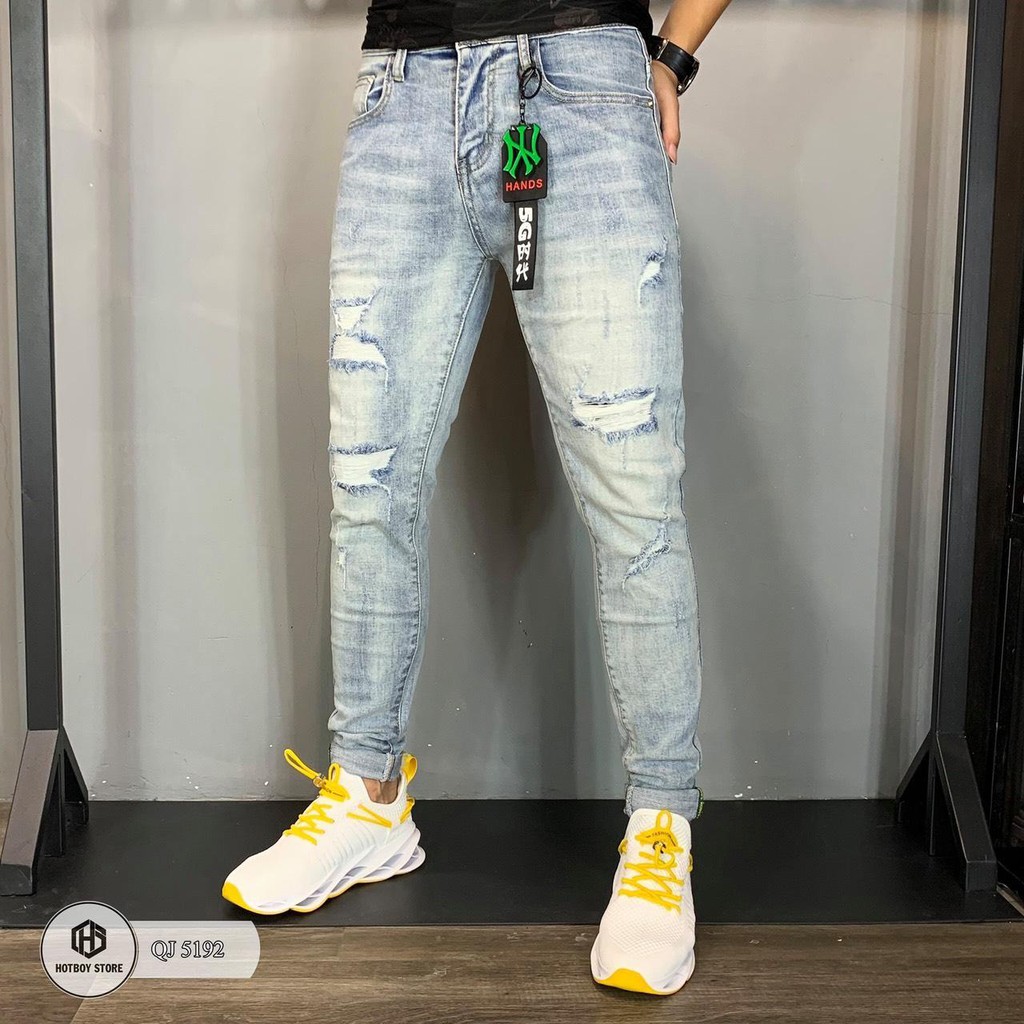 Quần jean nam ống bó đen trơn rách gối đẹp MS07