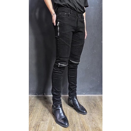 Quần jean vá nhăn phối khoá ngang,quần bò vá nhăn gối mix khoá