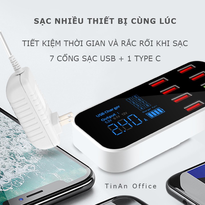 Bộ Sac Nhanh 8 Cổng USB 3.0 TypeC 40W, Màn Hình LED Cho Điện Thoại iOS và Android