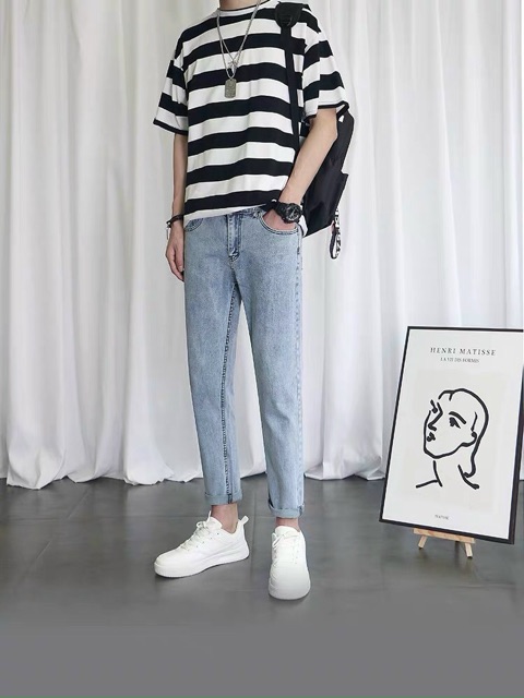 Quần bagyy jean trơn co giản xanh nhạt