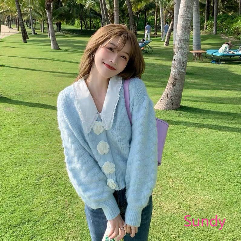 Áo cardigan dệt kim tay dài cổ tròn dáng rộng phối nút thời trang mùa thu cho nữ