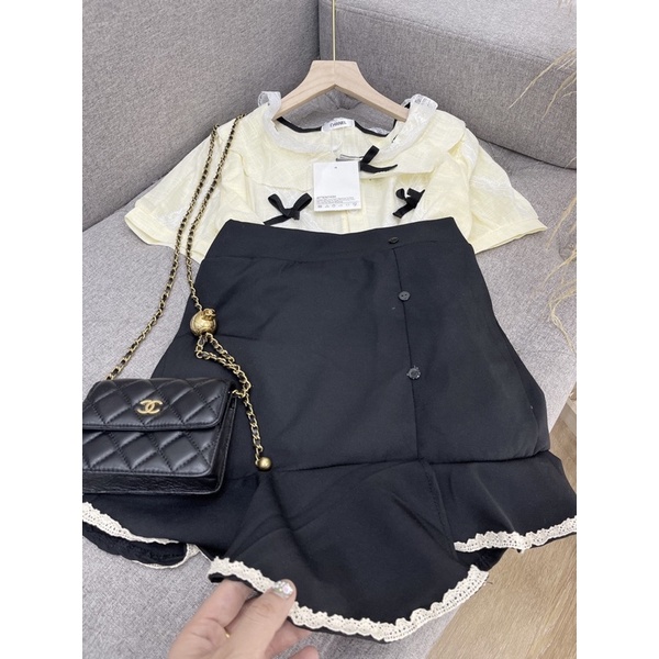 Set áo sơ mi phối chân váy ren bèo