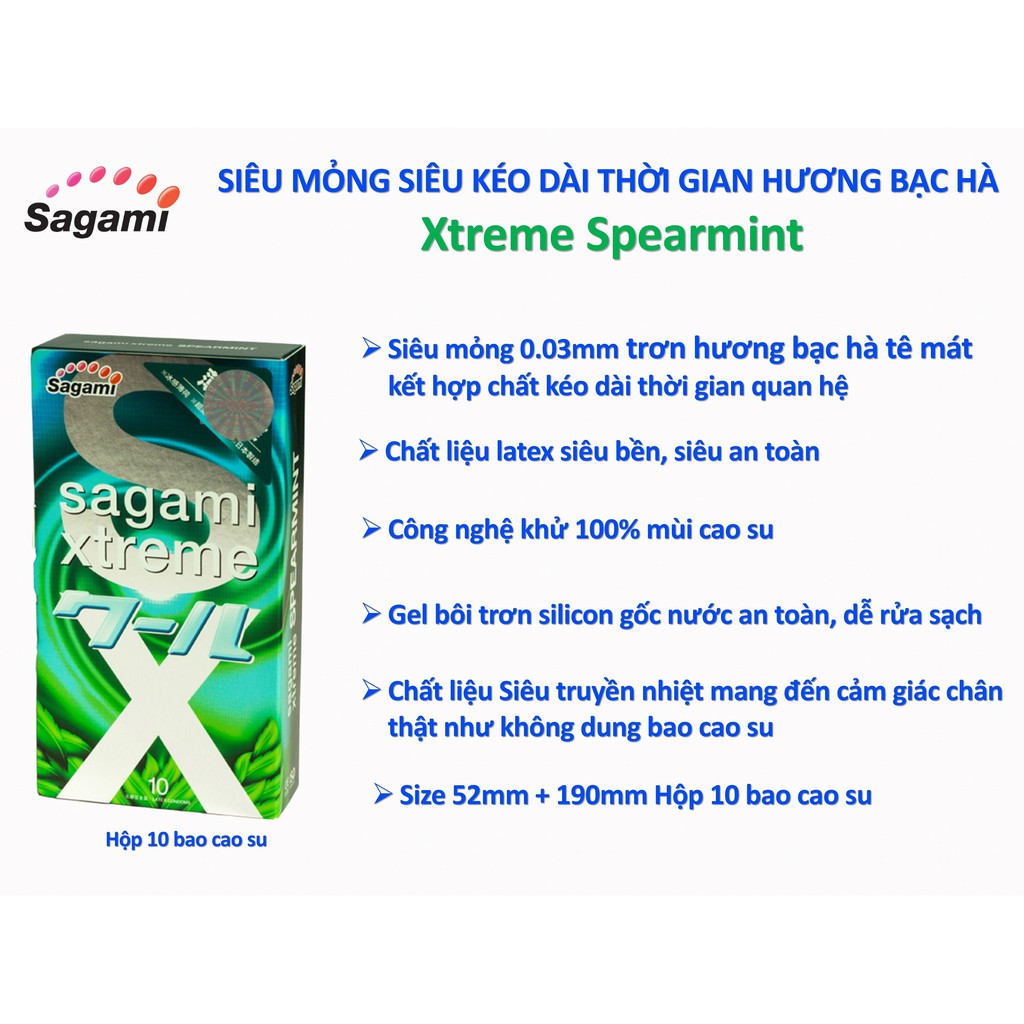 [BAO CAO SU SAGAM] Bao cao su Sagami siêu mỏng siêu kéo dài thời gian hương bạc hà Sagami xtreme Spearmint hộp 10 cái