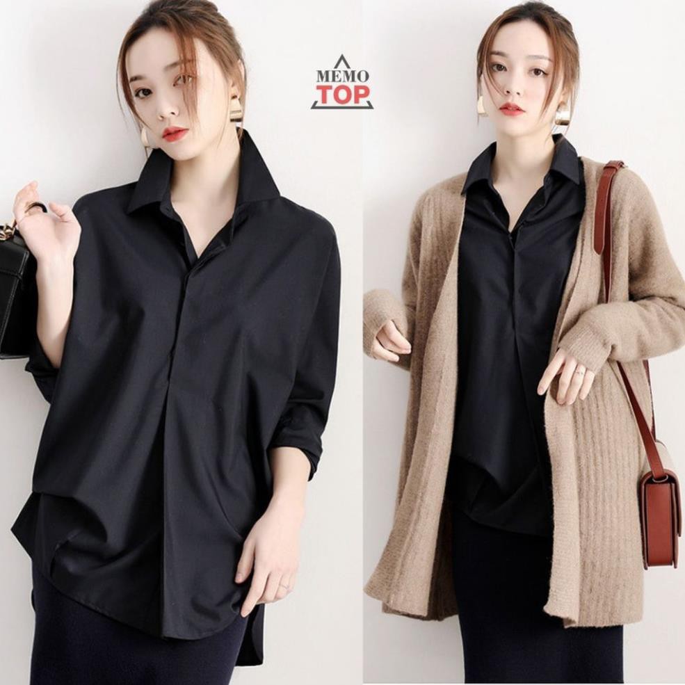 Áo sơ mi form rộng nam nữ OVERSIZE dài tay Hàn Quốc Trắng và Đen chất lụa đẹp Memotop ་