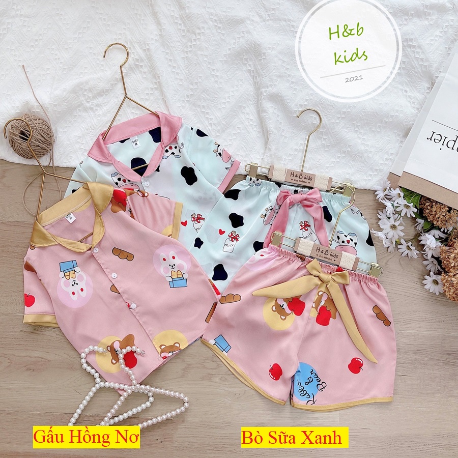 Bộ Mặc Nhà Pijama Lụa Phối Nơ Cao Cấp Tay Cộc Cho Bé Gái - Chất Liệu Lụa mềm Mịn Thoáng Mát