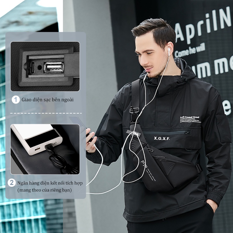 Túi Đeo Chéo Vải Canvas Màu Đen Phong Cách Thể Thao Chống Mòn Thời Trang Cho Nam