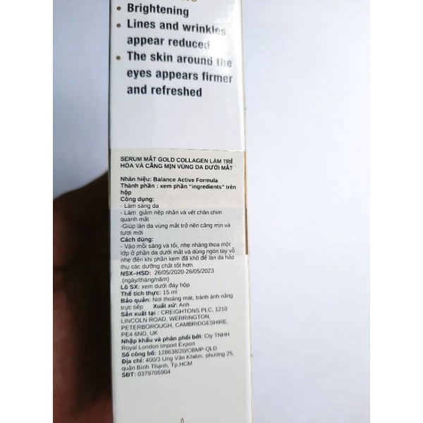 Kem Mắt Tái Tạo Và Dưỡng Da Mắt Balance Active Formula Gold Collagen Rejuvenating eye 15ml