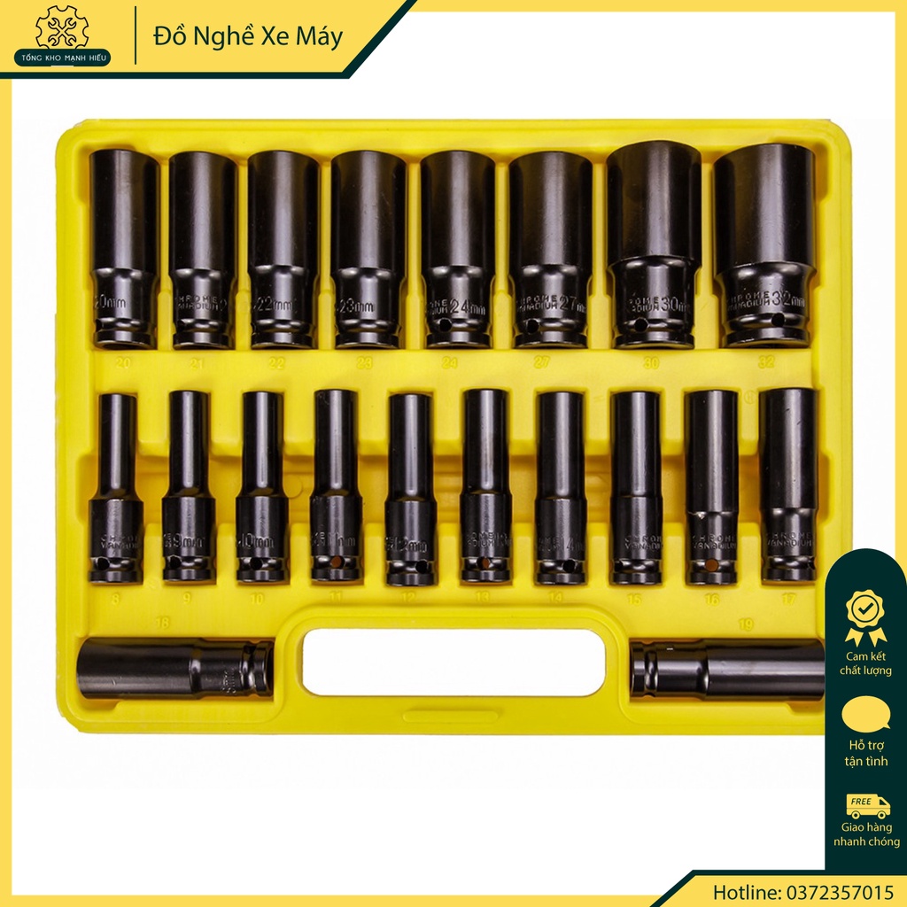 🌟 Bộ Khẩu Dài 10 Và 20 Món Dầy Dặn Dùng Cho Máy Siết Bulong Chân 1/2 - Phụ Tùng Mạnh Hiếu