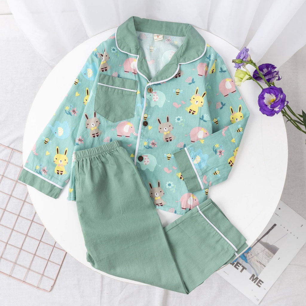Bộ quần áo trẻ em dài tay Bộ pijama Chất liệu thô hàn cho bé gái từ 18-30kg PIKA KIDS