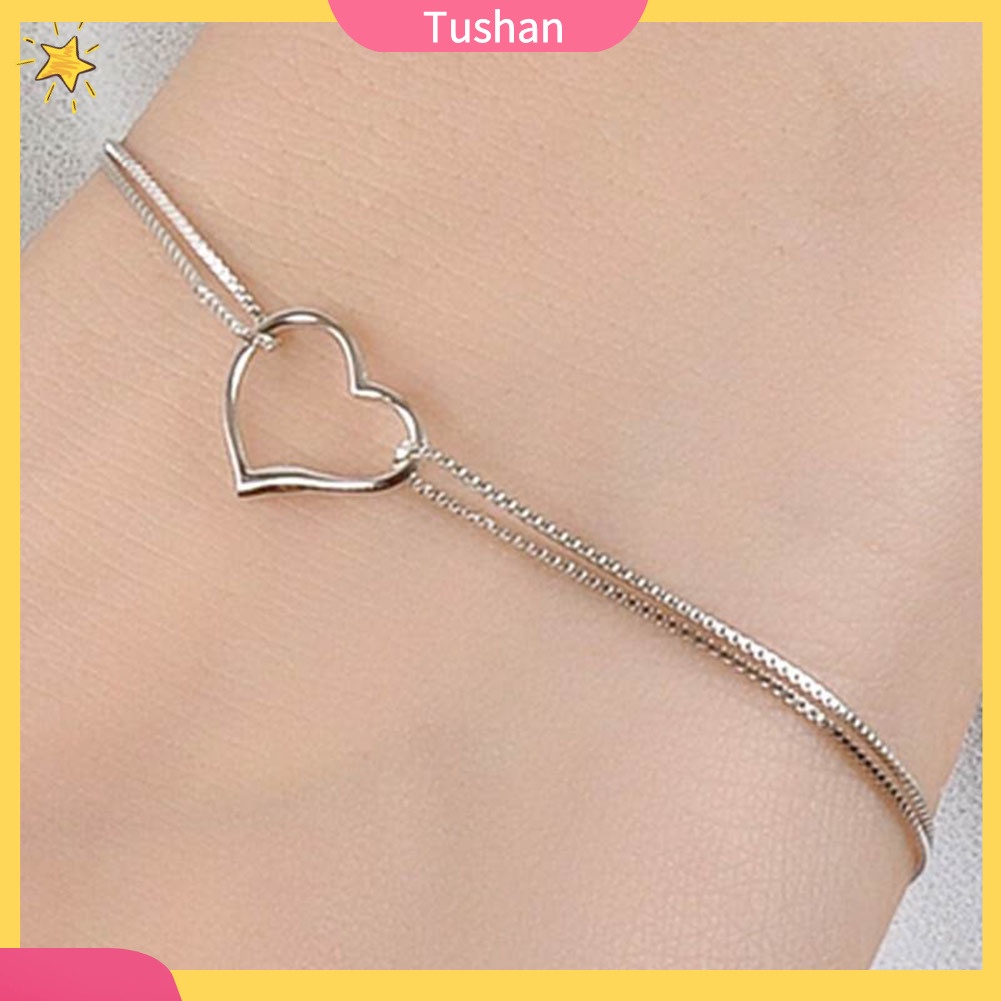 TUSH_Fashion Women Double Layer Chain Hollow Heart Charm Bracelet Bangle Jewelry
