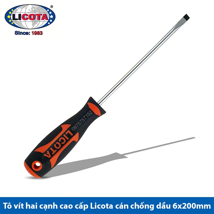 Tô vít 2 cạnh - Tua vít đầu dẹp cao cấp Licota cán cao su chống dầu 6x200mm