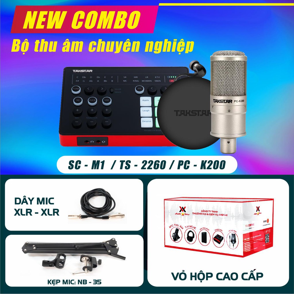 (FREESHIP)Trọn bộ combo thu âm,hát live stream chuyên nghiệp: SOUNDCARD SC-M1, MIC TAKSTAR PC 200 và TAI NGHE TS-2260