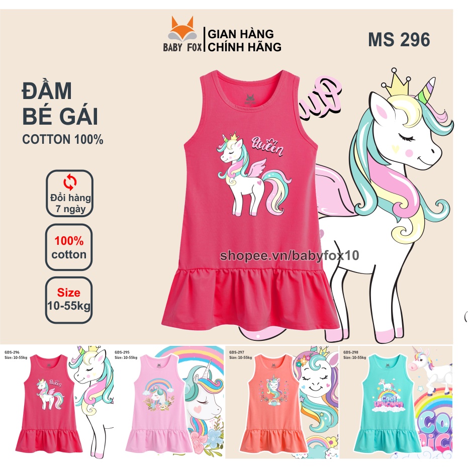 Đầm thun bé gái 100% cotton loại tốt, thương hiệu BABY FOX, in hình pony, size nhỏ, trung, đại i