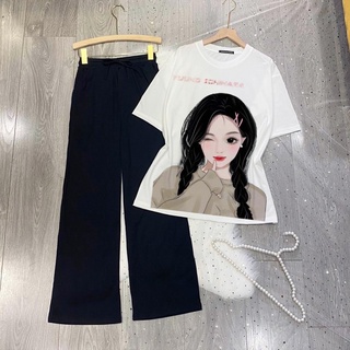 Set quần thun ống suông chất gân tăm và áo thun hoạ tiết cô gái phong cách ulzzang SIB085