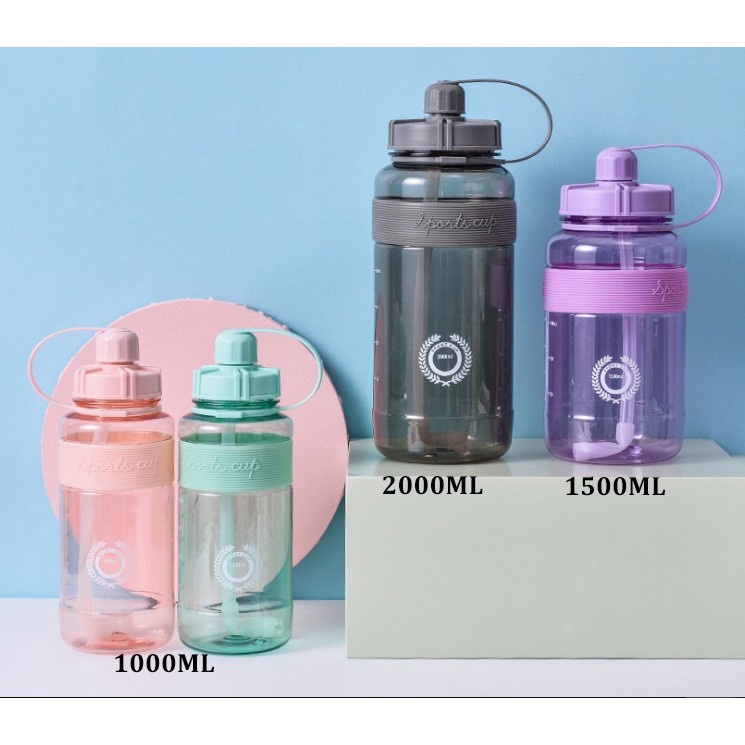 Bình đựng nước, bình nước cute thể thao nhựa 2 lít có ống hút Gym 34