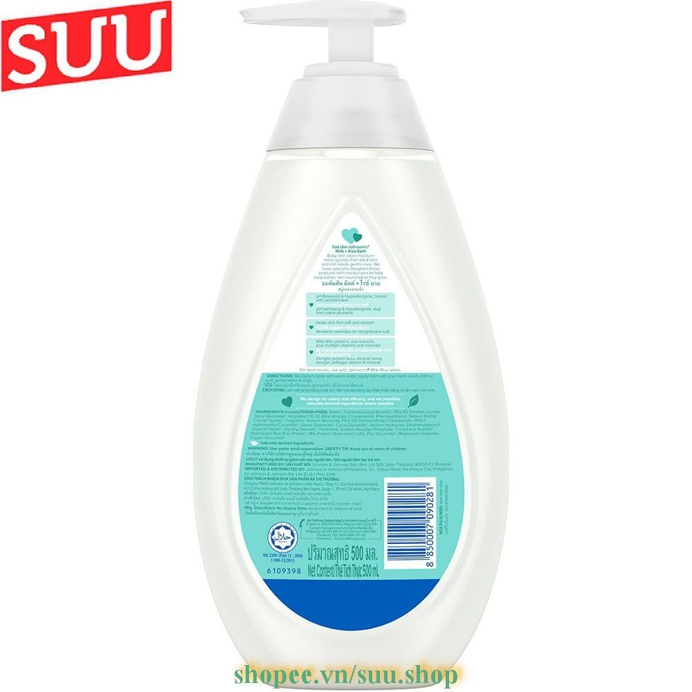 Sữa Tắm 500ml Johnsons Baby Bath Milk + Rice Chứa Sữa Và Tinh Chất Gạo suu.shop cam kết 100% chính hãng