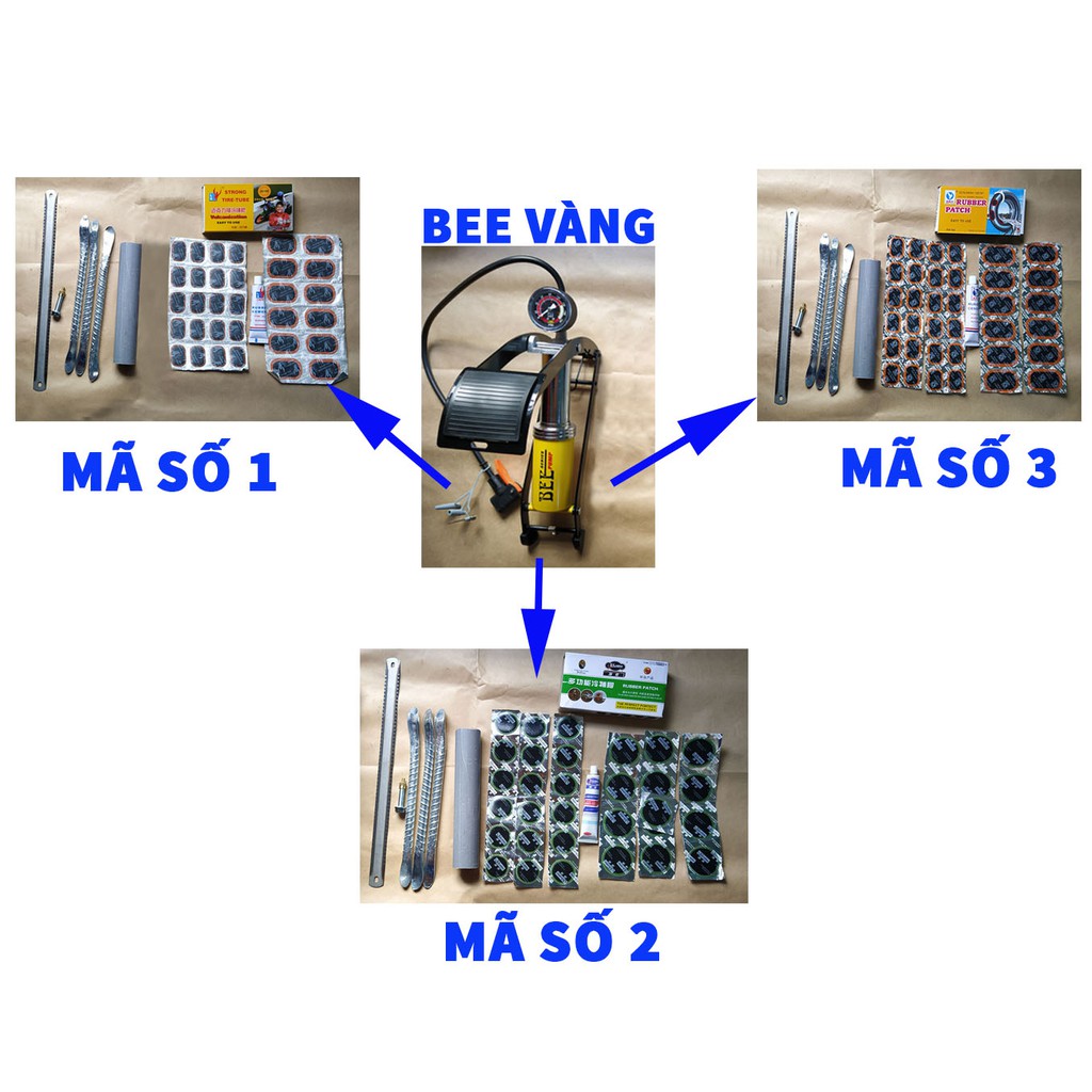 [Bơm Đạp Chân Tốt] Bộ Vá 6 Món Ruột Xe Máy Và Xe Đạp Có Bơm Chân 1 Piston BEE Vàng Tốt