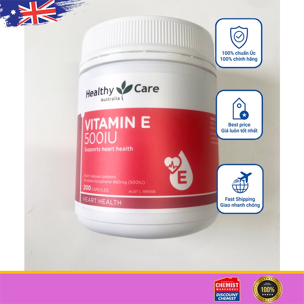 Viên uống bổ sung Vitamin E Healthy Care 500IU 200 viên của Úc