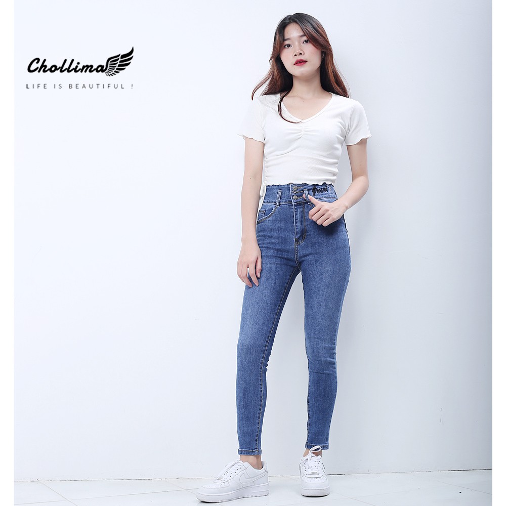 Quần jeans nữ co giãn Chollima cạp siêu cao thêu chữ JEAN X màu xanh nhạt QD035