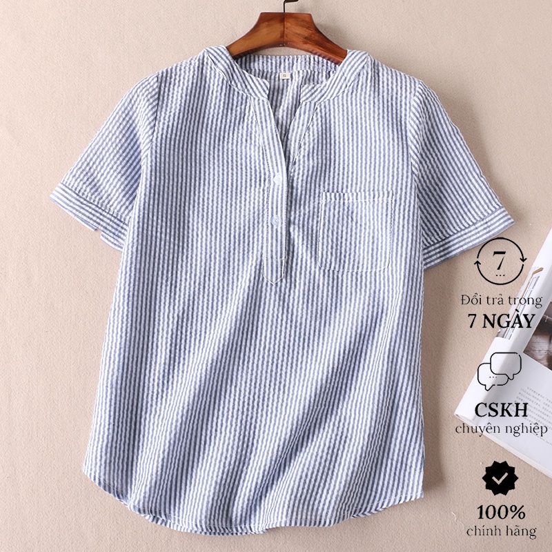 Áo sơ mi nữ thiết kế cổ V phối cúc kẻ sọc nhỏ SM51