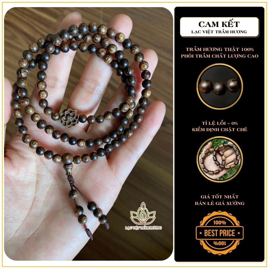 Vòng Tay Trầm Hương Chuỗi Tràng 108 Hạt Trầm Hoa Sen Sánh Chìm 5mm Vòng Phong Thủy Nữ Nam Bình An May Mắn Thịnh Vượng