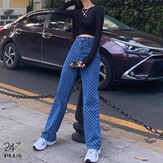 Quần jean ống rộng cạp cao họa tiết GC