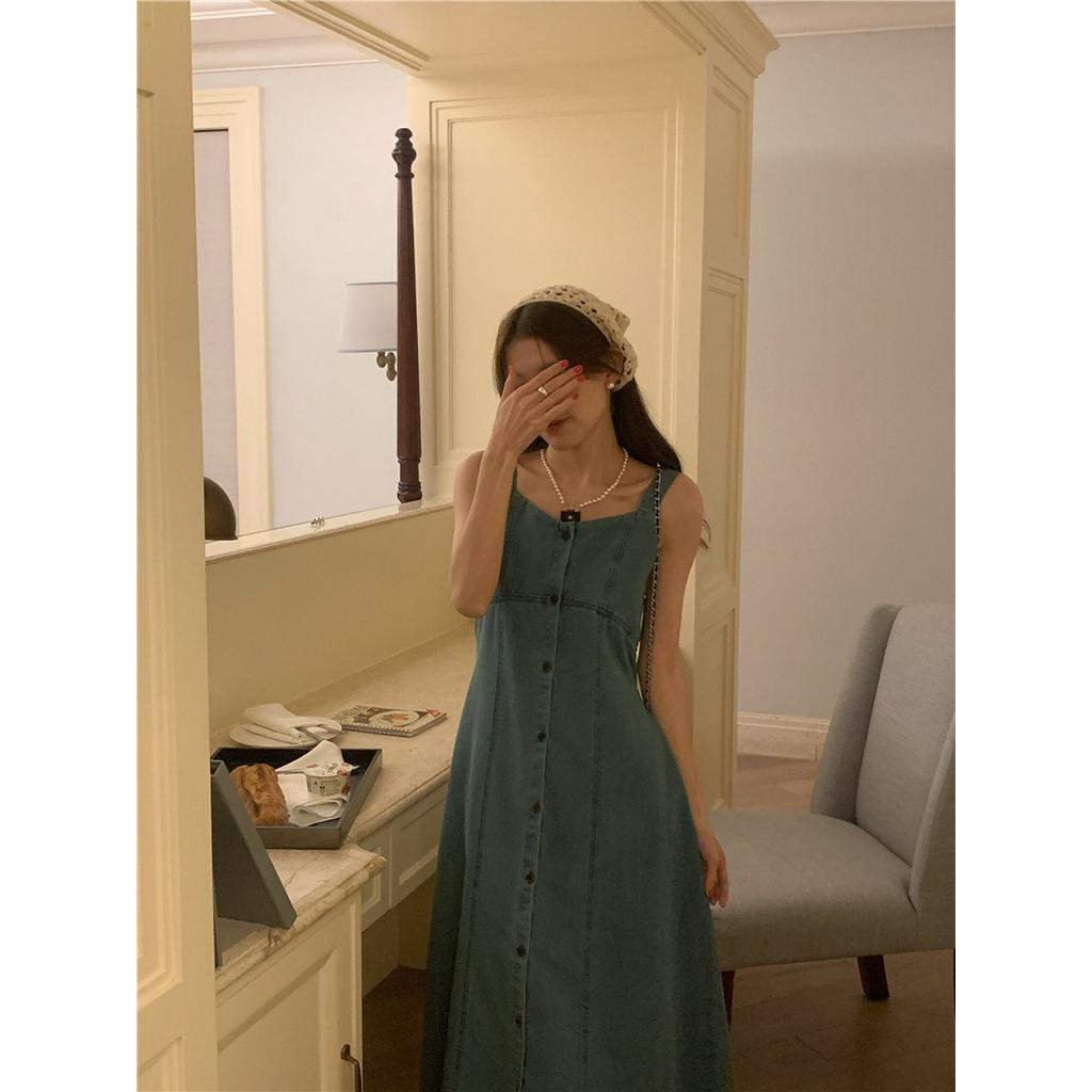 Đầm Denim Hai Dây Cổ Chữ V Dáng Ôm Phong Cách Thời Trang Pháp 64112